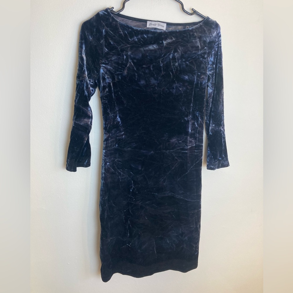 Vintage Bisou Bisou Crushed Velvet Navy Tie Die Dress Mini 3/4 Sleeve S/M Boho